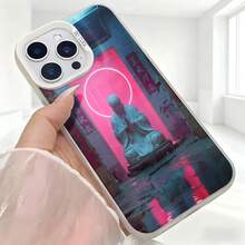 Cubierta de teléfono con diseño de Buda en neón rosa y azul para iPhone 14 Pro Max funda protectora con estética cyberpunk ideal para uso diario en cafeterías y salidas urbanas - Negro - Ver 5