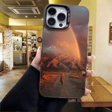 Cubierta de teléfono con diseño de montaña y arcoíris color marrón oscuro para iPhone 15 Pro Max ideal para uso diario en cafeterías - Blanco - Ver 4