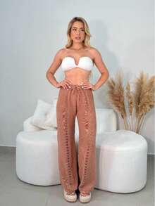 Openwork Knit Trousers: Fluid Elegance For Your Sunny Days! - 卡其色 - 查看 1