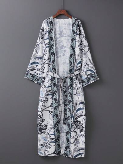 Bohemian Floral Print Bamboo Knit Cover Up For Women, Breathable Kimono Style Tie Front Long Beach Cover Up, Suitable For Pool Or Beach