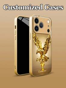 1pc Customizable Personalized Text & Gold Luxury Crystal Eagle Design Tempered Glass Phone Case, Compatible With IPhone 17 Pro Max/17 Air/16 Plus/15/17/13/12/11/XS Max/6 7 8 Plus, S25 Edge/S20/24 Plus/S23 FE/S21 Ultra, Fashion High-Definition Printing, Best Gift For Friends, Classmates, Girlfriends, Brothers, Family - Gold - View 2