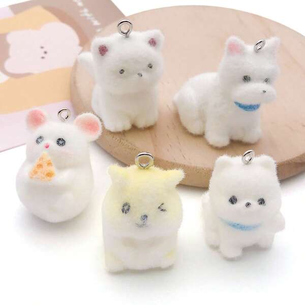 5pcs/Set Flocked Resin Animal (Dog, Etc.) Set, For Jewelry Making DIY Necklace/Bracelet/Earring Accessories.