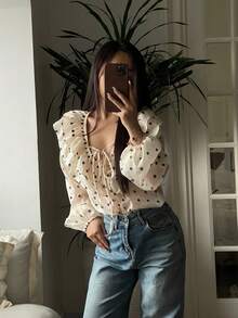 Blusa ligera de organza transparente para mujer de , con diseño calado, volantes y lazo frontal en la cintura, camisa versátil de chifón para vacaciones, ir al trabajo y citas. - Multicolor - Ver 3