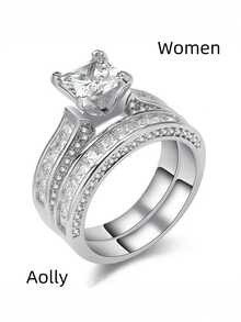 Charming Couple Ring Fashion New Silver Women's Wedding Ring Set, 1 Men's Stainless Steel Wedding Ring Valentine's Day Jewelry - 銀色 - 查看 20