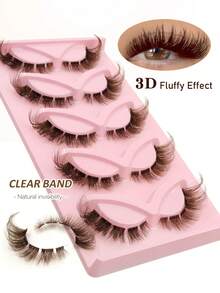 Rikuaild 5 Pairs DIY Brown Cat Eye False Eyelashes, Transparent Band, Natural Invisible, Fox Eye Fake Lashes, Brown Eyelashes, Faux Mink Lashes, Criss-Cross Fluffy Full Strip Reusable Lashes, Natural Makeup Effect, Eyelash Extension - 眼尾拉長款 - 查看 4