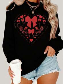 Heart Print Long Sleeve Sweatshirt With Bow And Skeleton Design For Women Valentine's Day Casual Wear Black Top - 黑色 - 查看 1