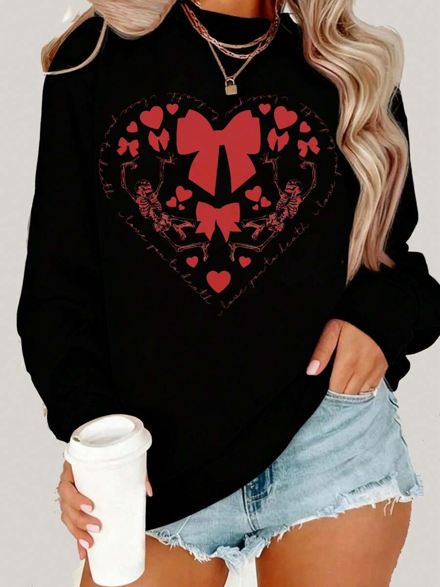 Heart Print Long Sleeve Sweatshirt With Bow And Skeleton Design For Women Valentine's Day Casual Wear Black Top - 黑色 - 查看 1