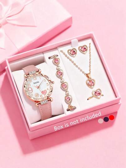 6 piezas Conjunto de reloj de cuarzo elegante y joyería para damas, reloj redondo de moda para damas, collar de rhinestone, aretes, anillos, pulsera, adecuado para uso diario, regalos de cumpleaños, fiestas, reuniones festivas, Navidad, y como regalo ideal para damas o amigas (sin caja)