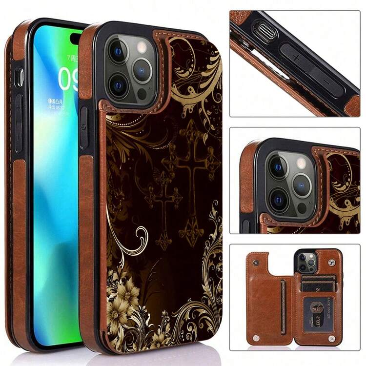 Elegante funda tipo cartera marrón para teléfono, adornada con intrincados diseños florales y de cruces. Compatible con iPhone 16e, 16, 15, 14 Plus, 13, 12, 11 Pro Max, SE, 2022, 7, 8 Plus, X, XR, XS Max. Incluye tarjetero y cierre magnético doble. Funda protectora resistente. - Marrón - Añade 2