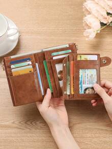 MIYIN Cartera vintage con cierre de botón, estilo casual de negocios con múltiples ranuras para tarjetas, monedero portátil de diseño plegable triple, cartera con cremallera de estilo retro, cartera de mujer con cierre de botón elegante para salidas diarias y compras, cartera, monedero pequeño, cartera con estampado de leopardo - Marrón - Ver 5