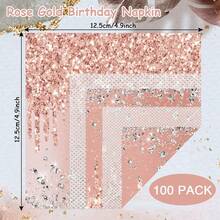 100 Pieces Rose Gold Birthday Napkins Pink Party Decorations Disposable Paper Napkins For Girls Women Sweet Diamond Theme Anniversary Wedding Shower Favors Supplies - 玫瑰金 - 查看 2