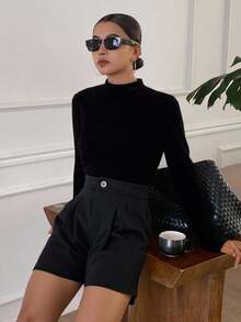 Livesso 女士黑色纯色褶裥休闲百搭短裤，秋季/秋季 - 灰色 - 查看 5