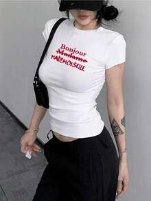Round Neck Short Sleeve T-Shirt, American Style Baddie, Summer New Letter Print, Slim Fit Cropped Women's Top - White - View 1