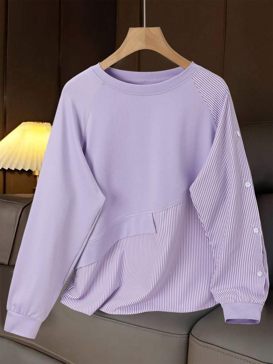1pc Striped Patchwork Contrast Color Ribbed Button Women Top, Daily Wear, Spring/Autumn, White, Black, Blue, Pink, Green, Yellow - Lilac Purple - View 1