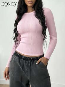 DONICY Damen rosa tailliertes Crop Top, Rundhalsausschnitt Langarm, eleganter, süßer minimalistischer Stil, geeignet für Outdoor-Aktivitäten, Lässig Kleidung, Büropendeln, Feierlichkeiten im Frühling und Herbst - Pink - Übersicht 5