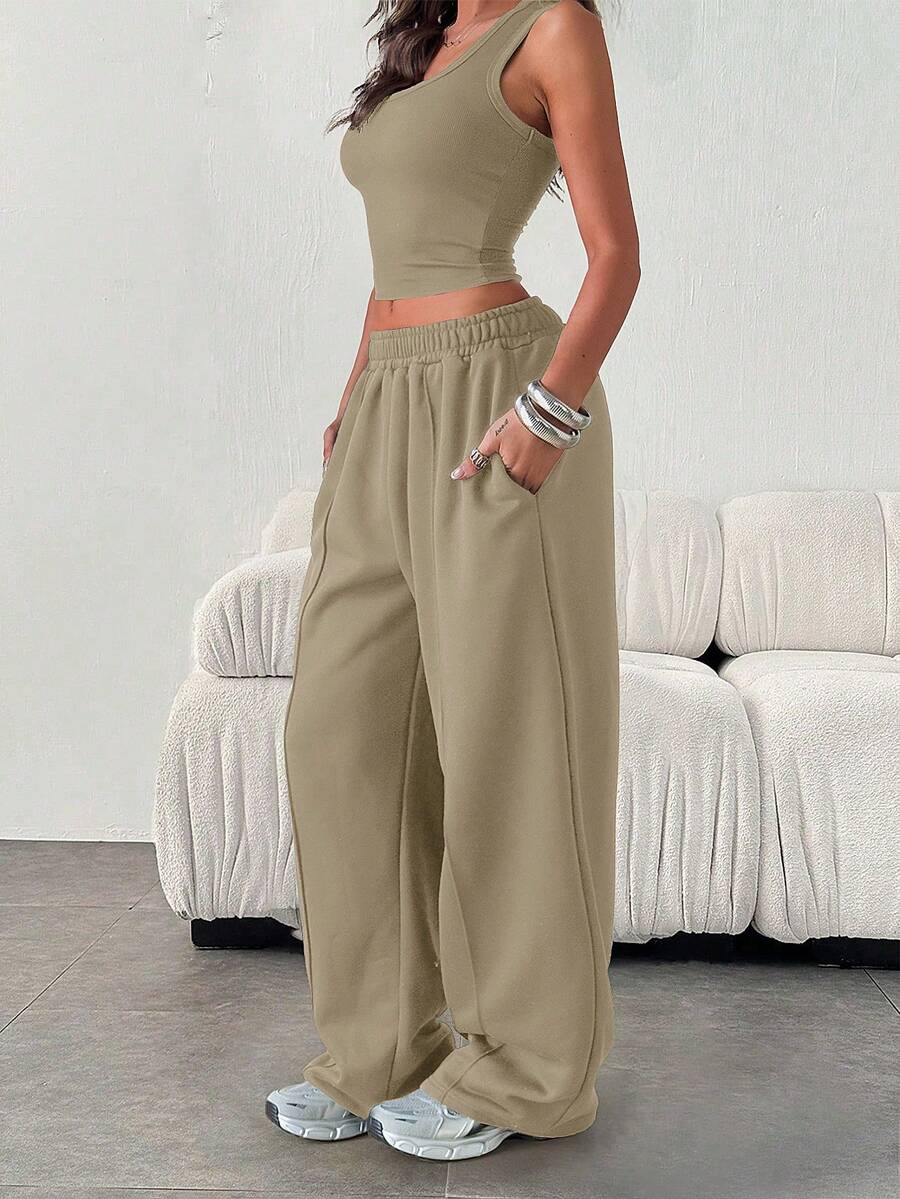 Quần nỉ nữ dáng rộng, màu trơn, cạp chun có túi, thích hợp mặc mùa đông. - Màu be - Xem 1