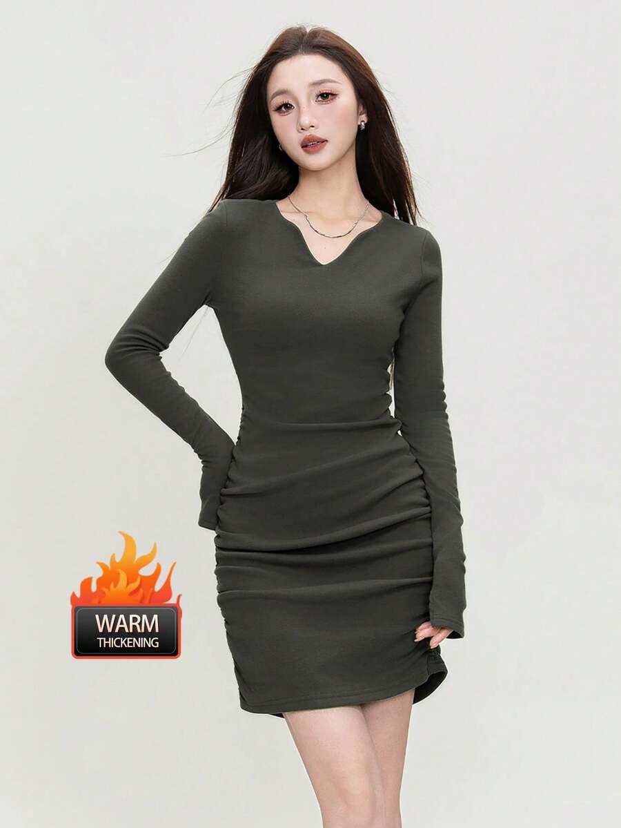 JUTU Double-Sided Velvet Elegant V-Neck Women's New Year Dress 2025, Fitted Slim Long Sleeve Skirt For Winter - 246 Earth Gray - View 1