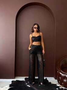 Women's 2 Pieces Sequin Party Set – Sparkly Spaghetti Strap Crop Top & High-Waisted Wide-Leg Sheer Sequin Pants - Black - View 3