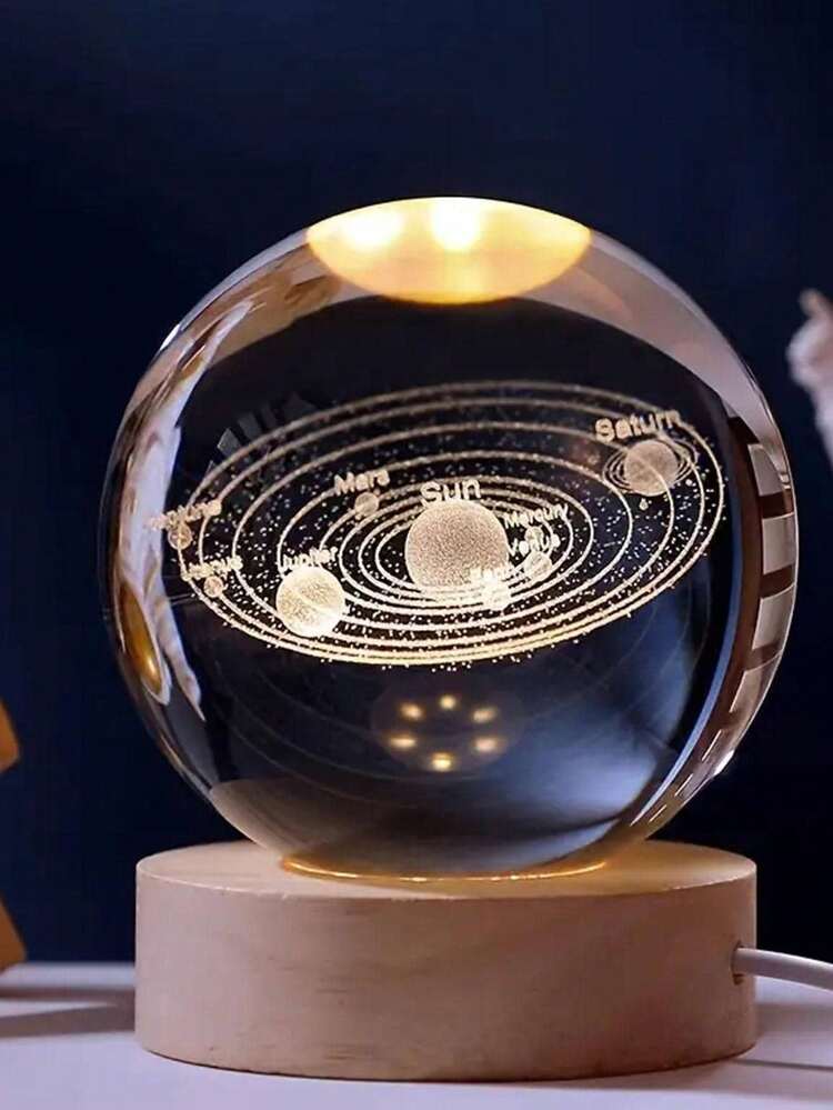 1pc 3D Crystal Ball Night Light, Warm Yellow Light, Transparent Crystal Ball With Wooden Base, Night Light Patterns Include Dolphin, Galaxy, Planet And Saturn, Suitable For Nursery, Luxury Creative Decor, Great Birthday Gift For Boys And Girls - Multicolor - View 7