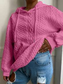 Plus Size Women Loose Casual Solid Color Jacquard Knit Long Sleeve Sweatshirt Spring - Rose Red - 1 - View 3