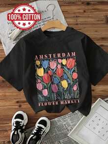 Unisex Plus Size Fresh Style Tulip Market AMSTERDAM FLOWER MARKET Word Print Short Sleeve Round Neck Cotton T-Shirt - 黑色 - 查看 12