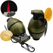 Grenade Shaped Windproof Lighter Series, Windproof Flashlight Lighter - Refillable  Lighter, Adjustable Multi-Function Outdoor BBQ, Kitchen, Camping EDC Tool, No Batteries Required Ideal Men's Gift - Christmas Present (No Nitrile Gas) - Green - View 3