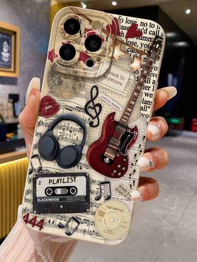 Guitar Music Painted Perforated Beige Painted Minimalist Fashion Creative Shockproof Phone Case Compatible With IPhone 17/17 Pro/17 Pro Max/16/11/16 Pro/16 Plus/16 Pro Max/16e/15 Pro Max/13/14/12/XS/XR/7G/8P, Compatible With Samsung Galaxy S25/S25 Plus/S25 Ultra/A16/A36/A26/A56/A50/A12/A32