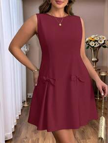 Plus Size Women Sleeveless Solid Color Bow Knot Casual Midi Dress, Suitable For Spring, Summer, Autumn - Purple - View 5