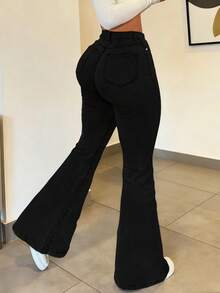 GILIPUR Y2K Style High Waist Flare Jeans, Slim Fit Elegant Women's Long Pants, Fashionable Stretchy Denim Jeans, Street Style - Black - View 10