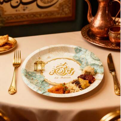 48/24片装一次性纸托盘组合，图案主题，适用于聚会装饰、礼拜、招待会、用餐、野餐、露营等各种场合，尤其适合穆斯林节日和仪式，易于清洁，为开斋节盛宴增添光彩，也是斋月期间祈祷的必备用品。图案主题