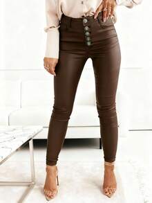 Women's Thermal Lined Faux Leather Long Pants, Women's PU Long Pants, Autumn/Winter Warm Elastic Slim Fit PU Pants, Button Slim Boyfriend Style - Chocolate Brown - View 1