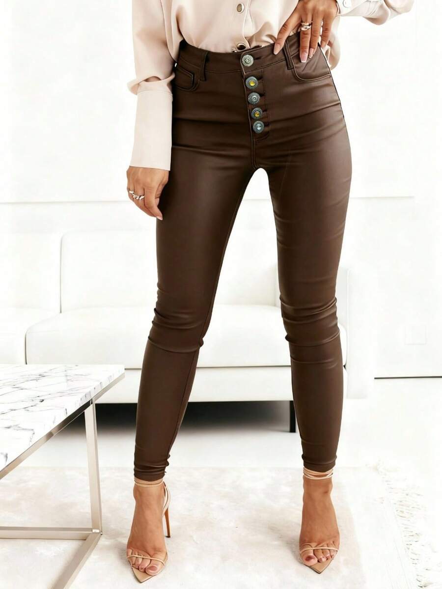 Women's Thermal Lined Faux Leather Long Pants, Women's PU Long Pants, Autumn/Winter Warm Elastic Slim Fit PU Pants, Button Slim Boyfriend Style - Chocolate Brown - View 1