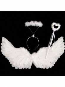 3件套天使翅膀服装配饰，白色羽毛翅膀，服装派对道具，万圣节和圣诞节服装 - 彩色 - 查看 1