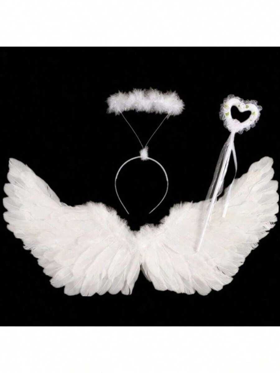 3件套天使翅膀服装配饰，白色羽毛翅膀，服装派对道具，万圣节和圣诞节服装 - 彩色 - 查看 1