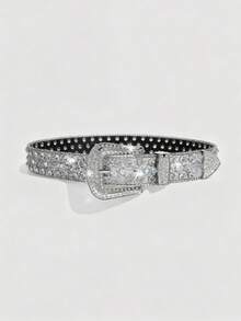 1pc Men's Heavy-Duty Rhinestone Embellished Belt, Suitable For Party And Everyday Wear - Silver - View 2