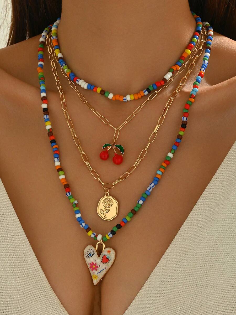 Bộ 4 vòng cổ hạt cườm nhiều màu phong cách Bohemian kèm mặt dây chuyền hình quả anh đào, vòng cổ choker nhiều lớp có thể điều chỉnh thủ công dành cho nữ, thích hợp đeo hàng ngày, đi nghỉ, dự tiệc - Nhiều màu - Xem 1