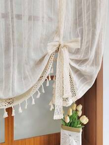 1Pc,Japanese-Style Vintage Striped Sheer Adjustable Lift Curtains With Crochet Lace Trim,Beige Linen-Look Semi-Transparent Tassel Pendants Short Curtains For Kitchen Home Room Dining Room - Beige - View 11