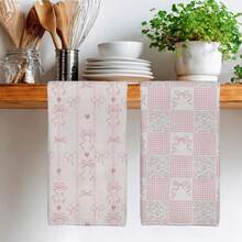MEMNUN 2pcs Pale Pink Bow & Heart Pattern Kitchen Towels, 15.75*23.62in (40*60cm), Soft Microfiber Material, Dish Cloth, Hand Towel, Ideal For Kitchen & Dining Room Decor, All Season - Multicolor - View 7