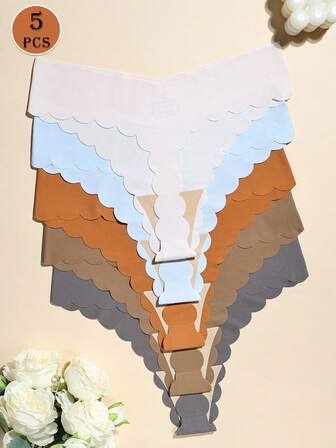 5pcs Seamless Silky Scalloped Panties For Women, Thin Sexy Low Waist Thong Briefs, Quick Dry
