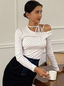Livesso 女士斜领不对称领口长袖波点抽绳系肩修身休闲百搭T恤，秋季款 - 米色 - 查看 4