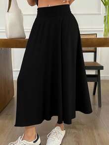 Livesso Women's High Waist A-Line Long Casual Elegant Skirt - Black - View 5