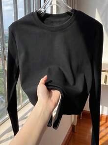 2pcs Women Solid Color Long Sleeve T-Shirt, Autumn/Winter, Versatile Slim Fit Undershirt Casual Spring - Black + Heather Gray - View 4