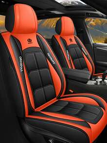 Chic Black & Orange Contrast Faux Leather 5-Seater Full Coverage Car Seat Covers - Emblem & Lettering Stitching Design Universal Fit Auto Seat Protectors - 橘色五座 - 查看 1