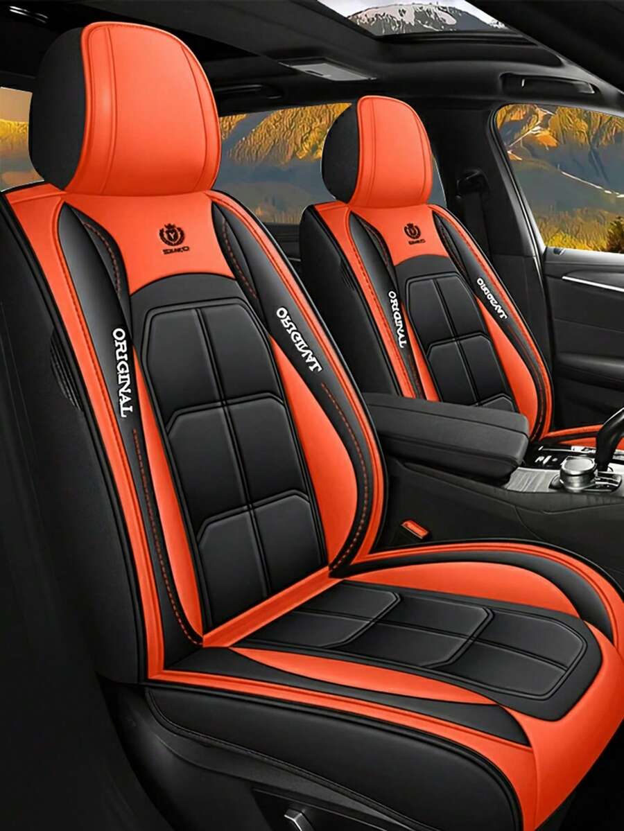 Chic Black & Orange Contrast Faux Leather 5-Seater Full Coverage Car Seat Covers - Emblem & Lettering Stitching Design Universal Fit Auto Seat Protectors - 橘色五座 - 查看 1