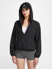 Women's Outdoor Hooded Jacket, Full Zip Loose Fit Sports Coat, Suitable For Workout, Running, Travel, Hiking, Camping, Cycling, Gym - Black - View 6