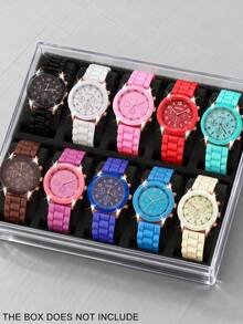 10pcs Minimalist Casual Women's Quartz Watches, A Colorful Dopamine-Inspired Watch Set For Women, Featuring Black/White/Pink/Red/Blue And Other Colored Straps Paired With Matching Dials, Perfectly Showcasing A Sweet And Cool Dopamine-Style Vibrant Feel. - Multicolor - View 2