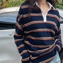 DAZY Áo thun tay dài kẻ sọc khối màu dáng rộng dành cho nữ, áo chui đầu thường ngày cho mùa xuân/hè, quần áo mùa thu - Màu xanh hải quân - Xem 9