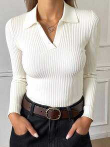 Solid Ribbed Knit Sweater,Long Sleeve Tops,Fall Clothes - White - View 4