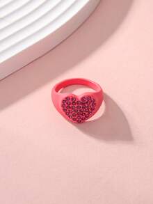 1枚休闲、可爱、甜美风格的红色爱心水钻戒指，情人节爱心戒指，适合女性日常、工作、社交场合佩戴，情人节珠宝礼物 - 粉色 - 查看 3