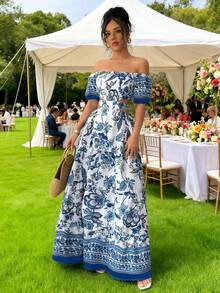 Women's Dresses, Printed Maxi Dress With Off-The-Shoulder And Waist Detail, Retro Resort-Style Dress With A Fitted Waist, Boho-Style Maxi Dress That Slims The Silhouette. - 查看 3